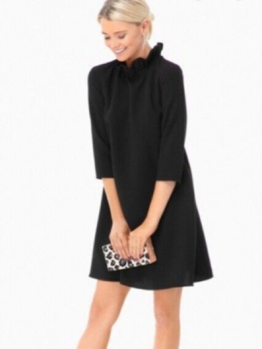 Daphne Black Ruffle Collar Tie Bow Shift Dress 3/4 Sleeve